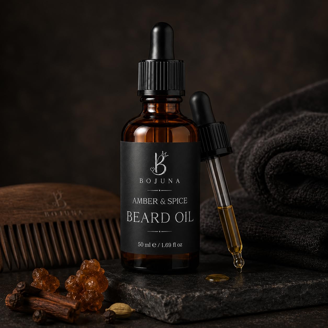A bottle of Bojuna Amber & Spice Beard Oil with a black dropper cap, shown alongside a second dropper containing amber oil, on a dark stone surface with a wooden comb, spices, and a dark towel in the background.