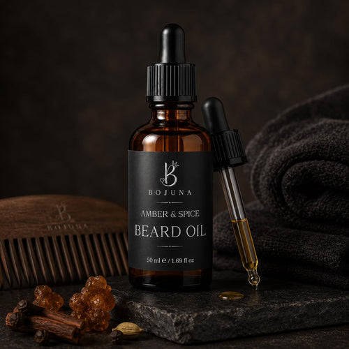 A bottle of Bojuna Amber & Spice Beard Oil with a black dropper cap, shown alongside a second dropper containing amber oil, on a dark stone surface with a wooden comb, spices, and a dark towel in the background.