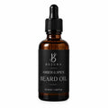 A 50ml amber glass dropper bottle of Bojuna Amber & Spice Beard Oil, featuring a black label and black dropper cap on a white background.
