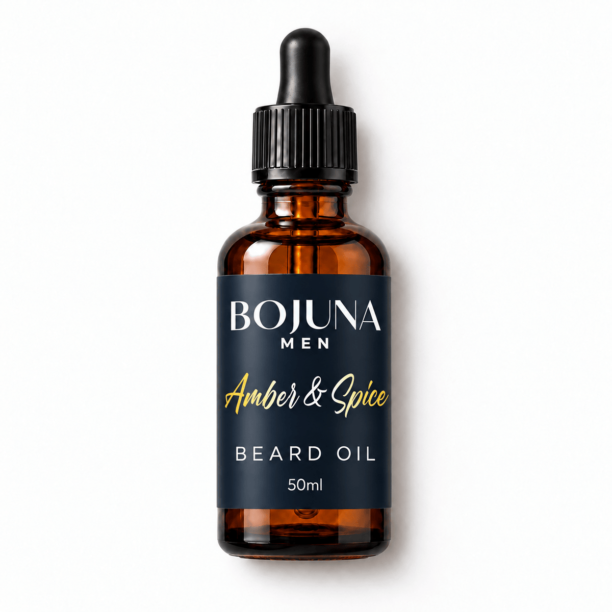 Bojuna Men Amber & Spice Beard Oil 50ml in an amber glass dropper bottle, lying flat on white with the new navy label.