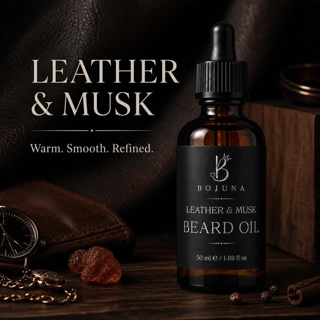 A dark amber glass dropper bottle labeled BOJUNA Leather & Musk Beard Oil stands on a wooden surface with leather, a pocket watch, and amber crystals around it. Large text on the left reads 'LEATHER & MUSK' with the tagline 'Warm.