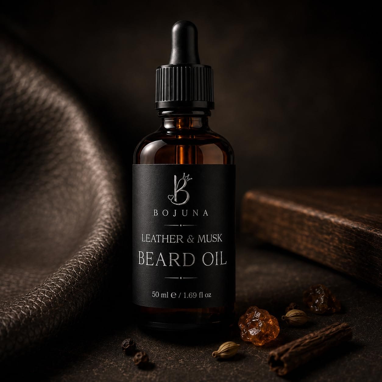 A 50 ml amber glass dropper bottle of Bojuna Leather & Musk Beard Oil, styled on a dark textured surface with leather, spices, and wood props.