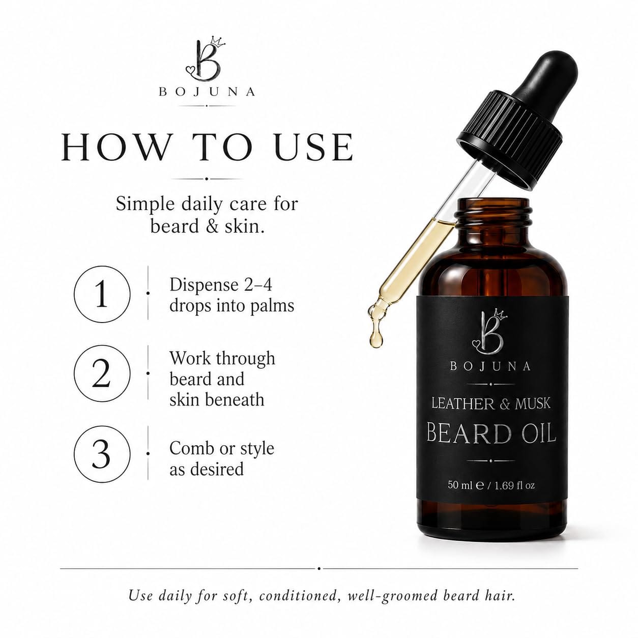 Bojuna Leather & Musk Beard Oil in an amber glass dropper bottle with a black label and black dropper cap, shown next to a 'How to Use' guide on a white background.