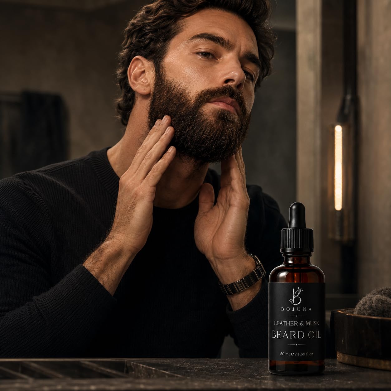 A man in a black sweater gently touches his beard while standing beside a dark amber dropper bottle labeled BOJUNA Leather & Mux Beard Oil on a rustic wooden surface.