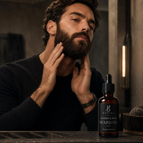 A man in a black sweater gently touches his beard while standing beside a dark amber dropper bottle labeled BOJUNA Leather & Mux Beard Oil on a rustic wooden surface.
