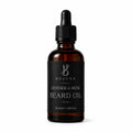 A 50ml amber glass dropper bottle of Bojuna Leather & Musk Beard Oil, featuring a black label and black dropper cap, set against a plain white background.