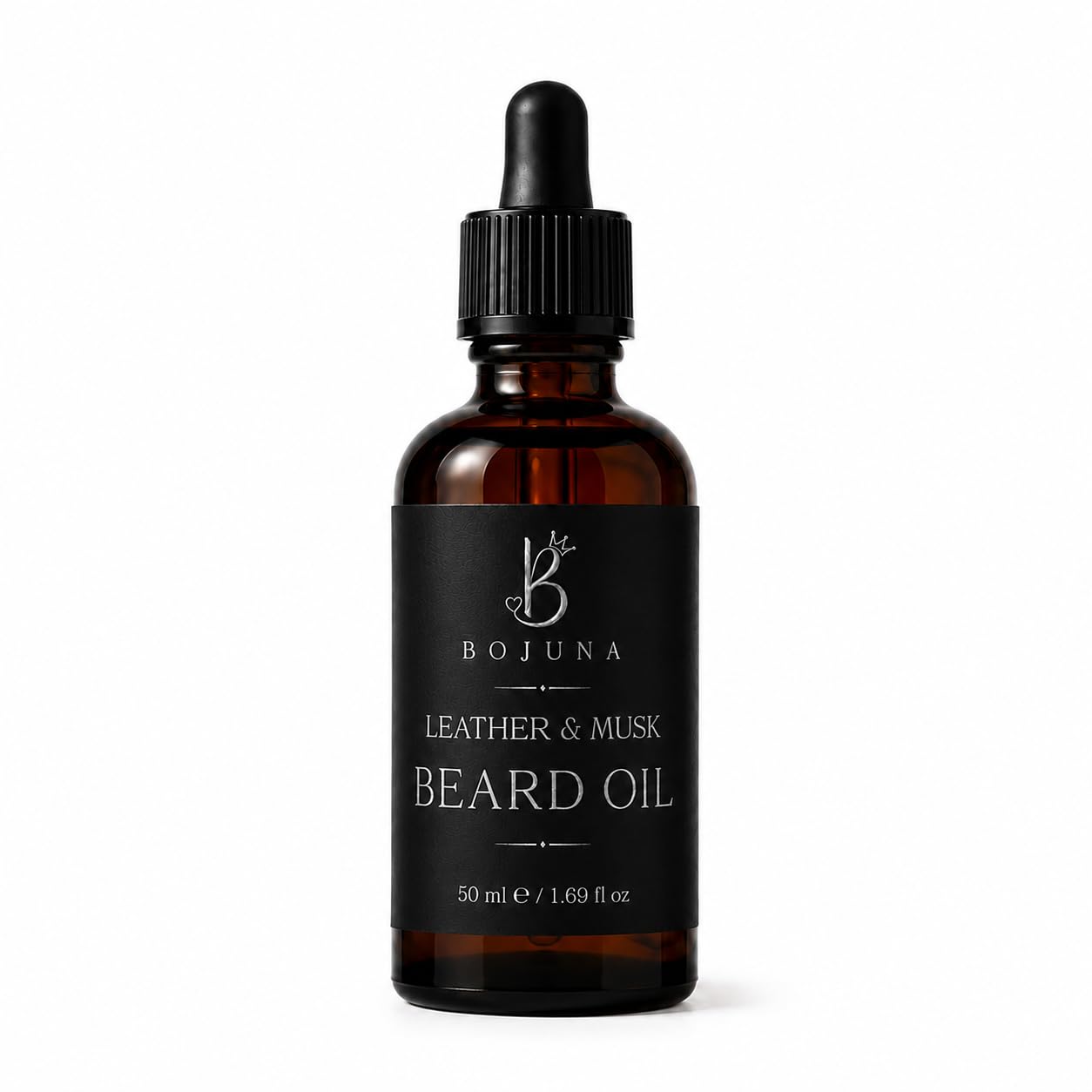 A 50ml amber glass dropper bottle of Bojuna Leather & Musk Beard Oil, featuring a black label and black dropper cap, set against a plain white background.
