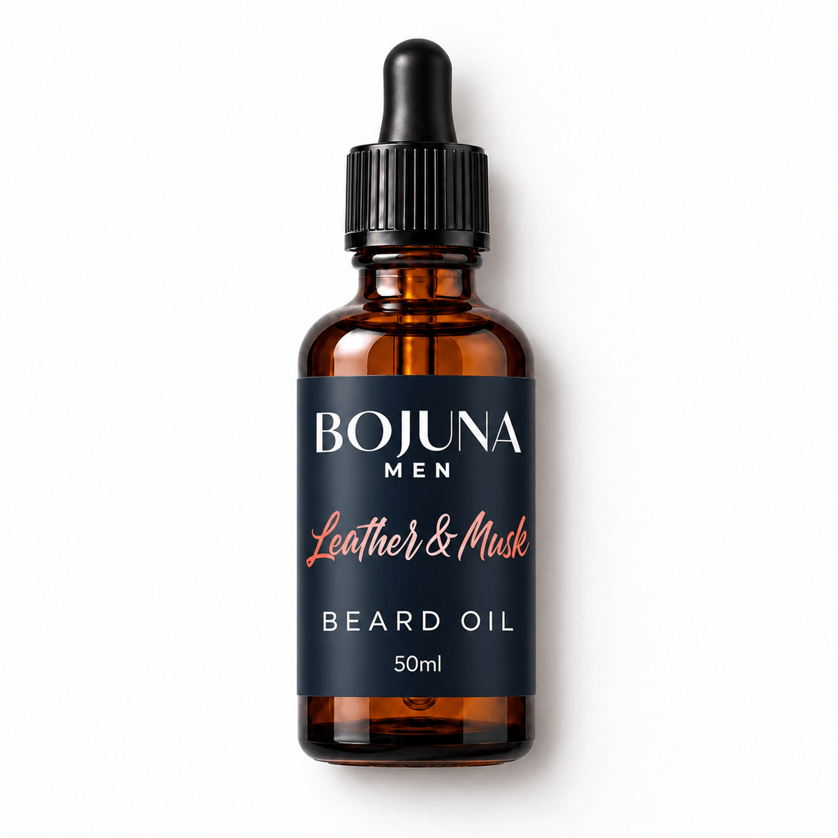 Bojuna Men Leather & Musk Beard Oil 50ml in an amber glass dropper bottle, lying flat on white with the new navy label.