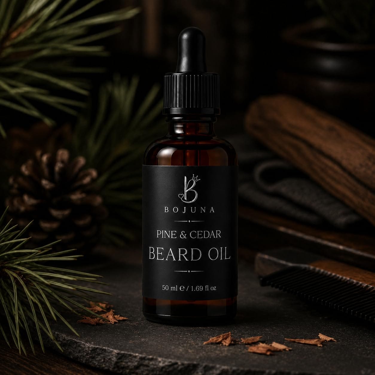 A 50 ml amber glass dropper bottle of BOJUNA Pine & Cedar Beard Oil, styled on a dark slate with pine needles, a pinecone, and a beard comb.