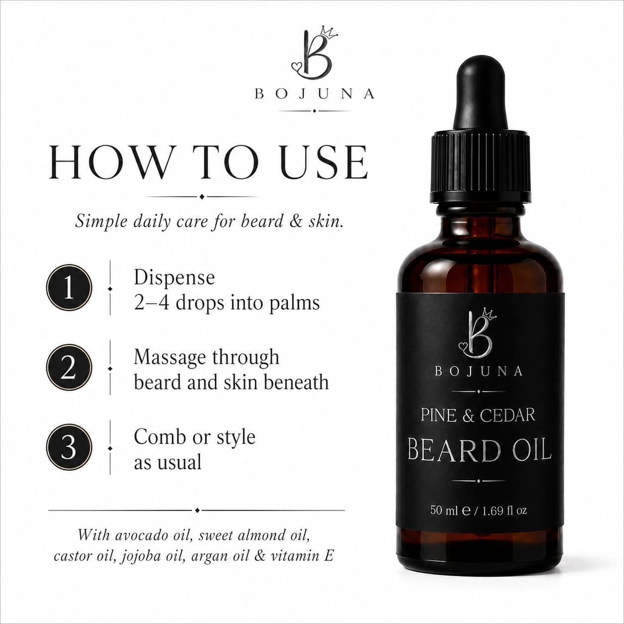 Bojuna Pine & Cedar Beard Oil in an amber glass dropper bottle with a black label, shown next to a white background with 'How to Use' instructions.