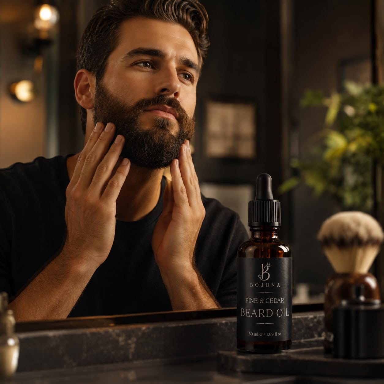 A man with a full beard applies beard oil to his face while looking into a mirror. In the foreground, a dark amber bottle labeled Bujuna Pine & Cedar Beard Oil stands on a bathroom counter next to a shaving brush.