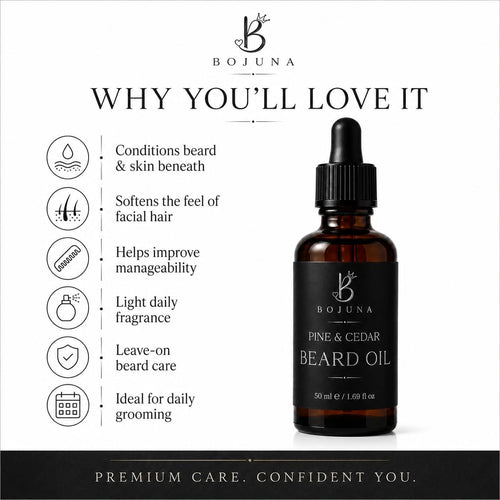 Bojuna Pine & Cedar Beard Oil in an amber glass dropper bottle, shown next to a list of benefits on a white background.