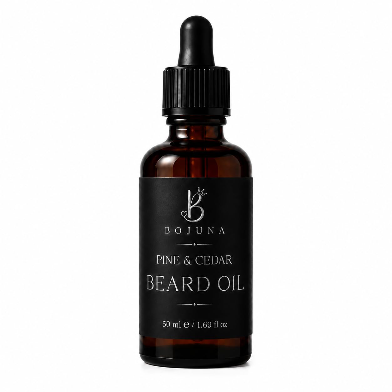 A 50ml amber glass dropper bottle of Bojuna Pine & Cedar Beard Oil with a black label and black dropper cap, set against a plain white background.