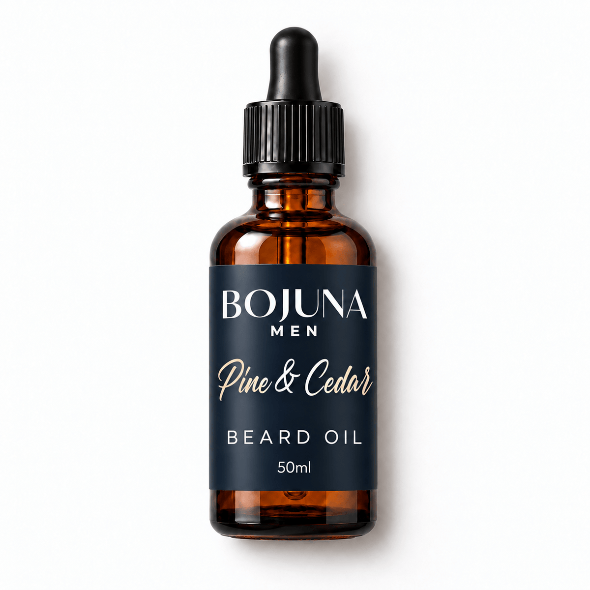 Bojuna Men Pine & Cedar Beard Oil 50ml in an amber glass dropper bottle, lying flat on white with the new navy label.