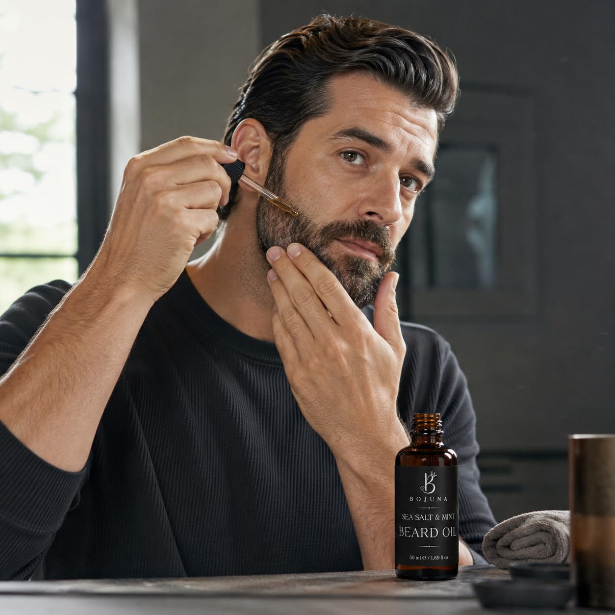 A man applies beard oil from a dropper to his chin and cheek while looking at the camera. A small amber bottle labeled 'Beard Oil' sits on the counter in front of him, with a folded towel and another bottle nearby in a dimly lit indoor setting.