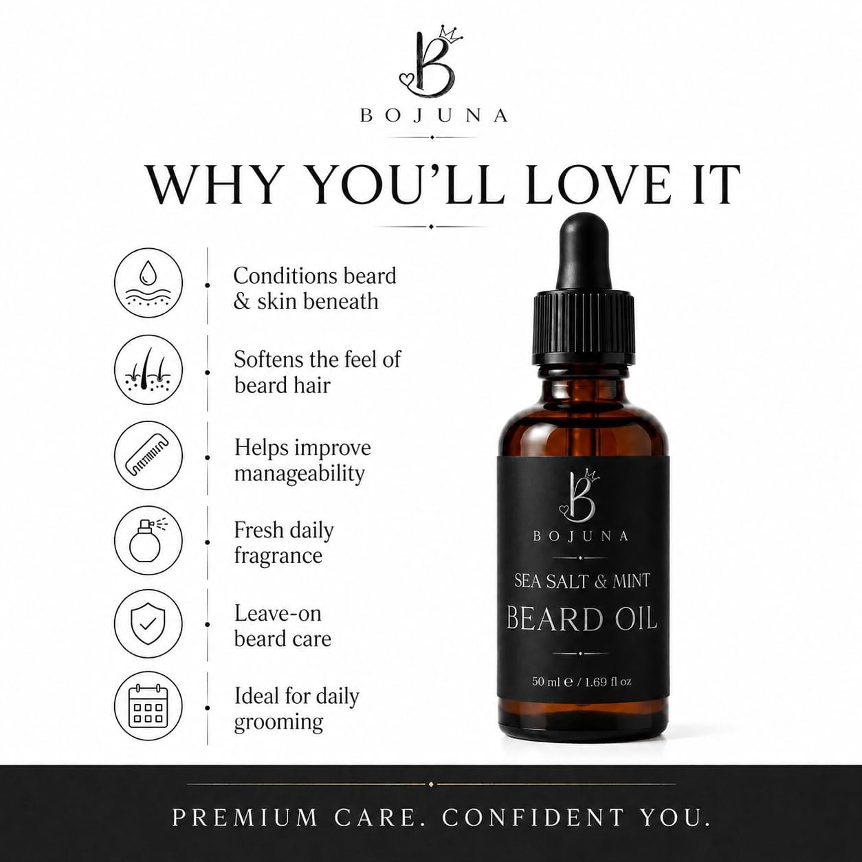 Bojuna Sea Salt & Mint Beard Oil in an amber glass dropper bottle with a black label and dropper cap, shown on a white background with feature icons and text highlighting benefits.
