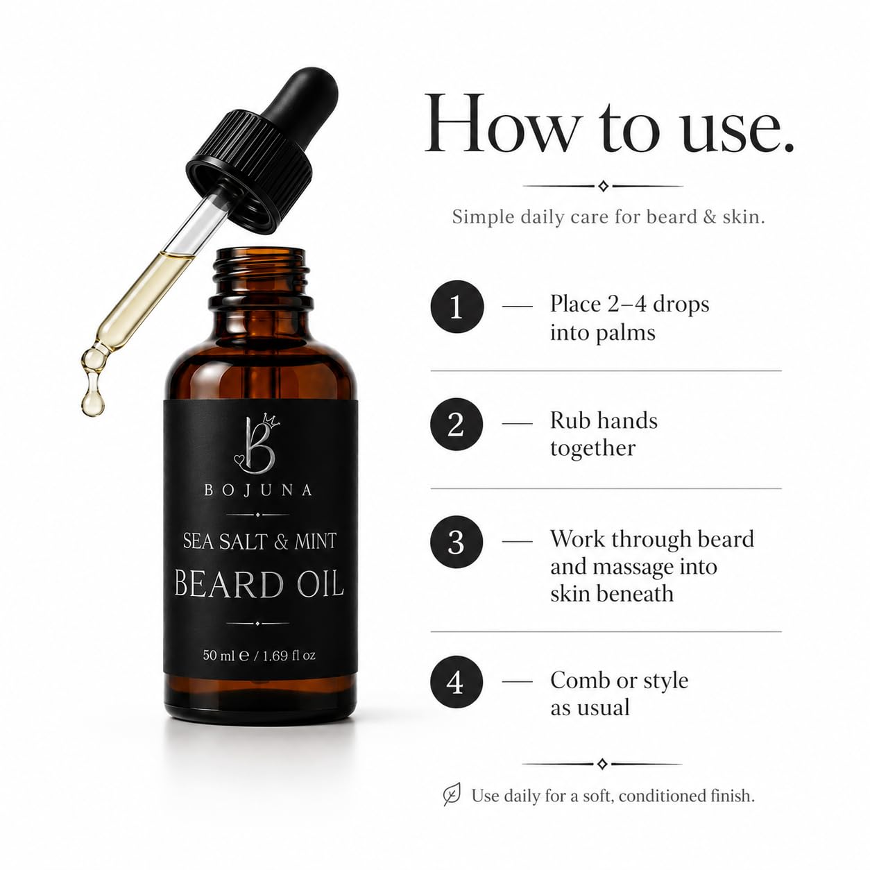 Bojuna Sea Salt & Mint Beard Oil in an amber glass dropper bottle, shown with the dropper above the bottle and a step-by-step usage guide on a white background.