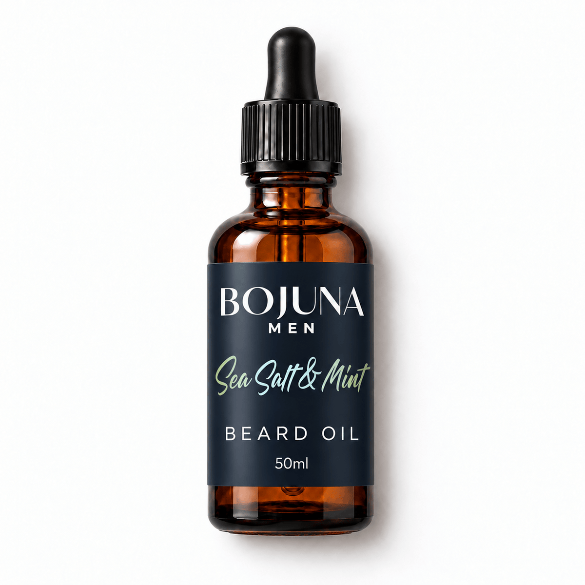 Bojuna Men Sea Salt & Mint Beard Oil 50ml in an amber glass dropper bottle, lying flat on white with the new navy label.