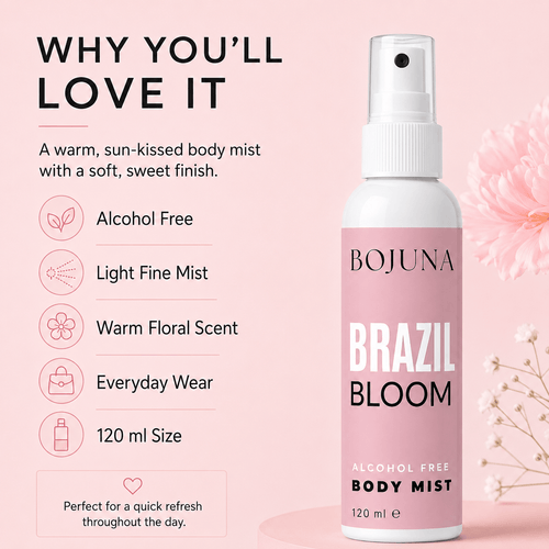 A bottle of BOJUNA Brazil Bloom Alcohol Free Body Mist on a soft pink background, next to a list of benefits such as 'Alcohol Free', 'Light Fine Mist', and 'Warm Floral Scent'.