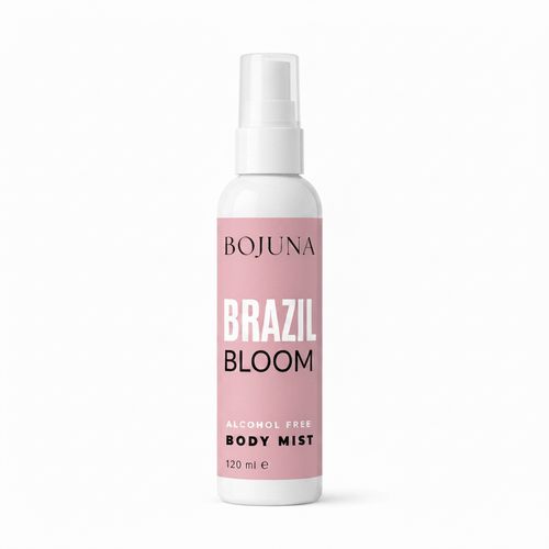 A 120 ml spray bottle of BOJUNA Brazil Bloom Alcohol Free Body Mist. The bottle is white with a prominent dusty pink label featuring black and white text, set against a clean white background.