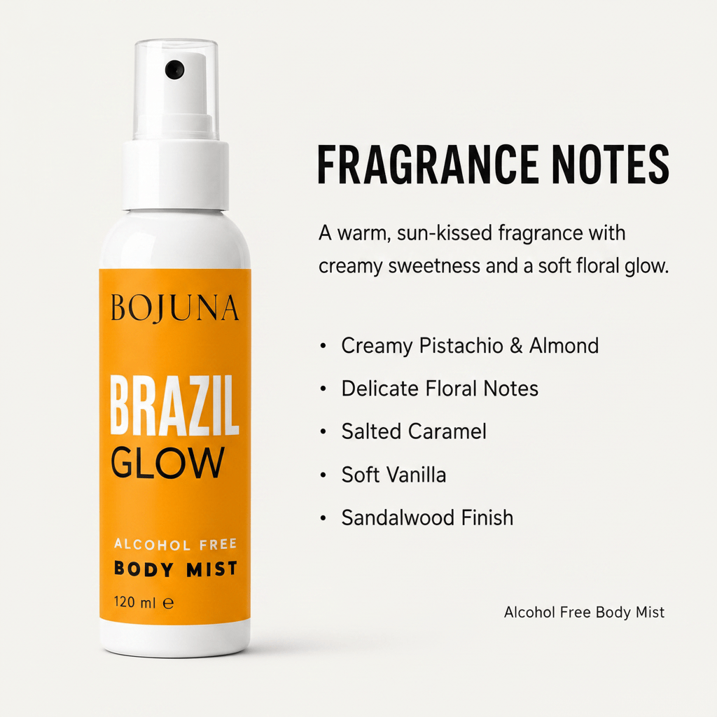 Bojuna Brazil Glow Alcohol Free Body Mist 120ml spray bottle on a light beige background, next to a text panel detailing the fragrance notes.