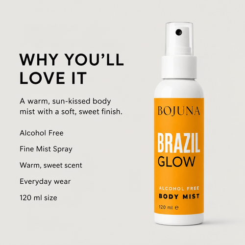 A 120 ml bottle of BOJUNA Brazil Glow Body Mist on a light gray background, next to text describing its warm, sun-kissed scent and key features.