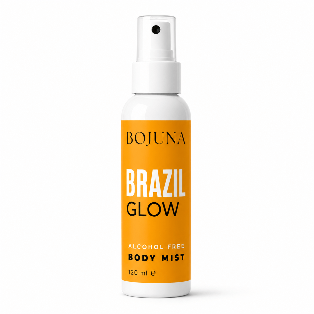 A 120 ml spray bottle of BOJUNA Brazil Glow Alcohol Free Body Mist, featuring a white bottle and cap with a vibrant orange label.