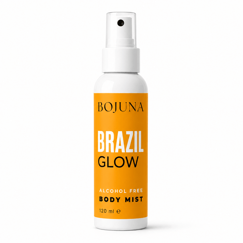 A 120 ml spray bottle of BOJUNA Brazil Glow Alcohol Free Body Mist, featuring a white bottle and cap with a vibrant orange label.