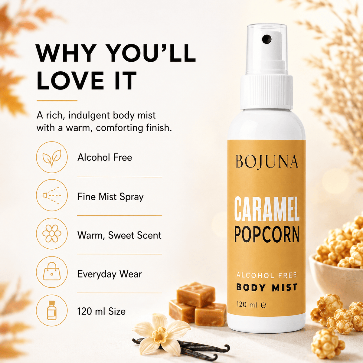 A bottle of BOJUNA Caramel Popcorn Alcohol Free Body Mist is shown on a warm beige background with marketing text on the left and caramel pieces, popcorn, and vanilla beans as props.