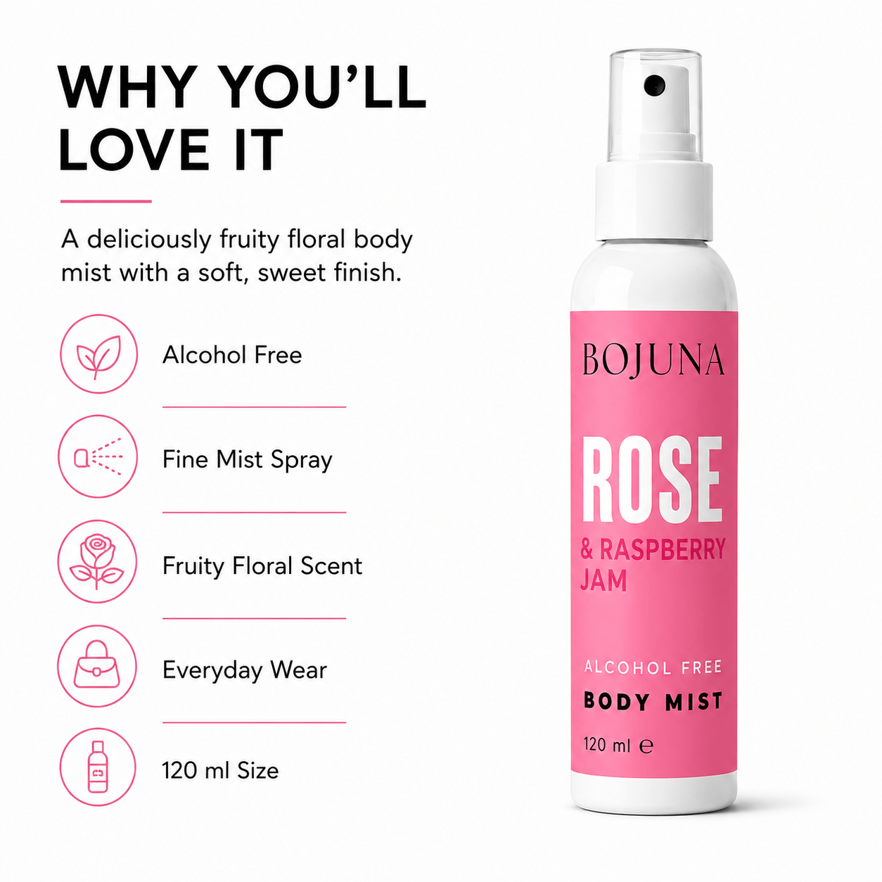 A bottle of BOJUNA Rose & Raspberry Jam body mist on a white background, next to marketing text listing benefits like alcohol-free, fine mist spray, fruity floral scent, everyday wear, and 120 ml size.