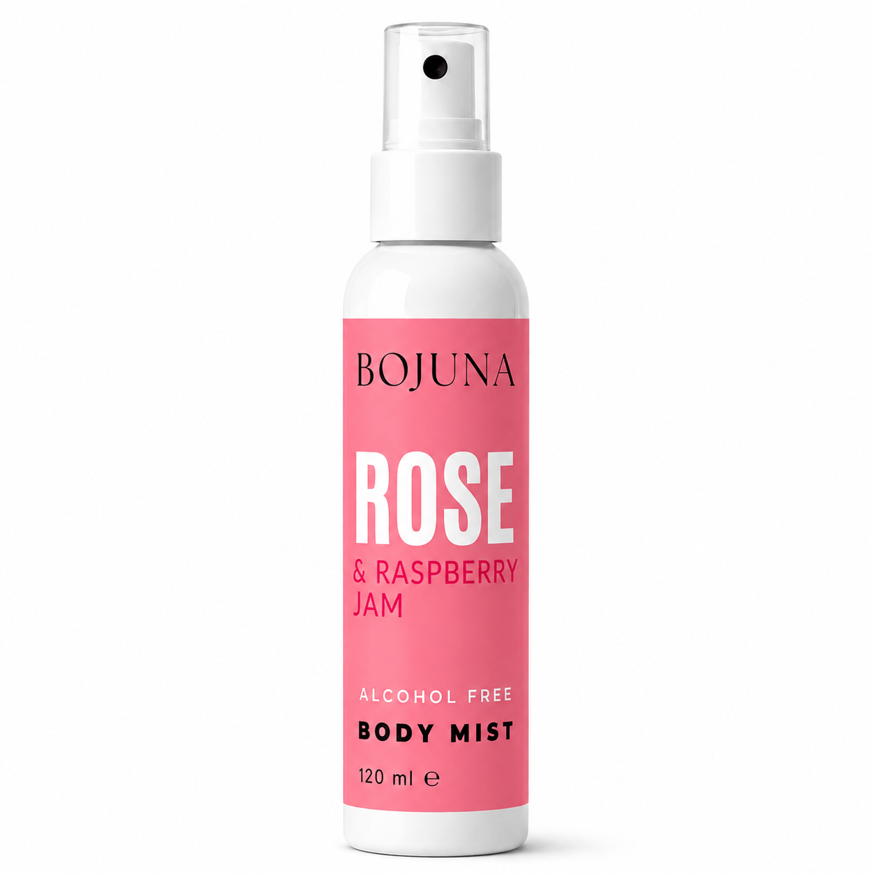 A 120 ml spray bottle of BOJUNA Rose & Raspberry Jam body mist, featuring a white bottle with a prominent pink label and a white spray nozzle, set against a plain white background.