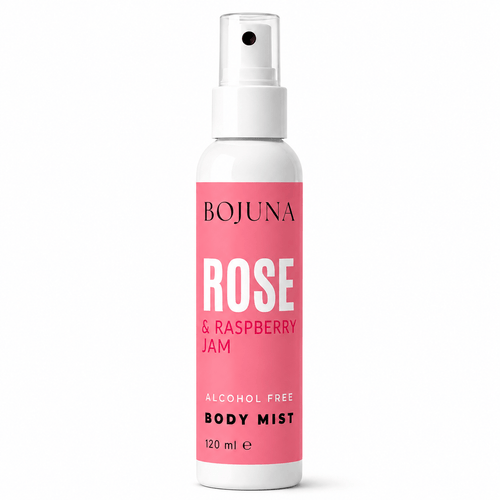 A 120 ml spray bottle of BOJUNA Rose & Raspberry Jam body mist, featuring a white bottle with a prominent pink label and a white spray nozzle, set against a plain white background.