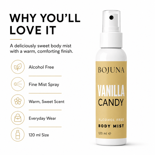 A bottle of BOJUNA Vanilla Candy Alcohol Free Body Mist on a white background, next to marketing text highlighting its sweet body mist scent and key features.