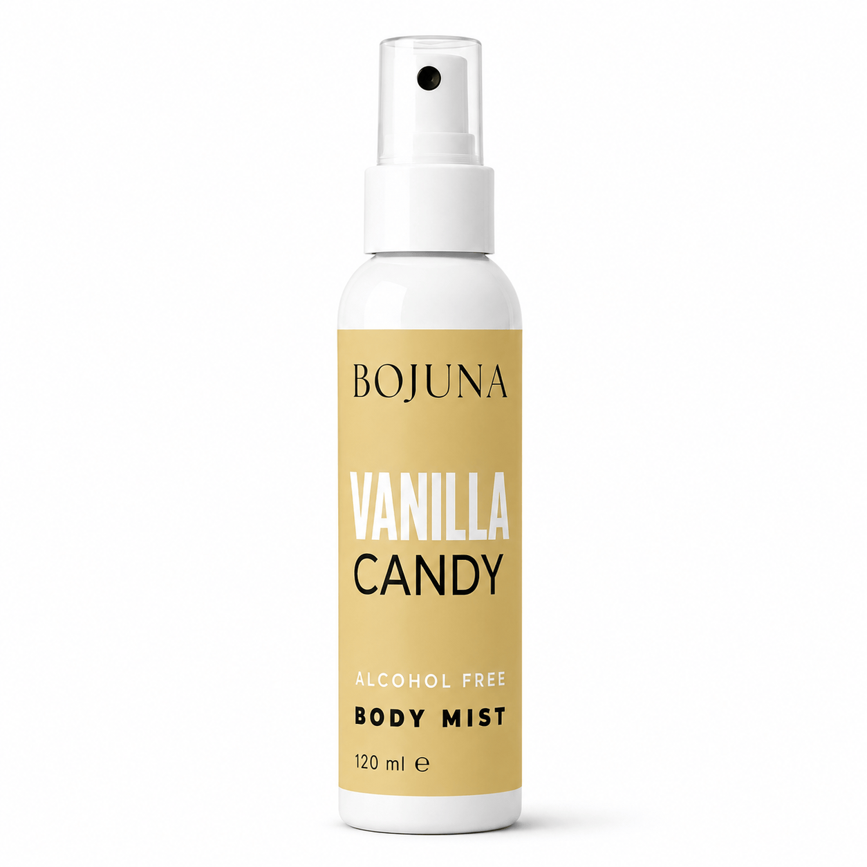 A 120 ml spray bottle of BOJUNA Vanilla Candy Alcohol Free Body Mist, featuring a white bottle and pump with a warm beige label.