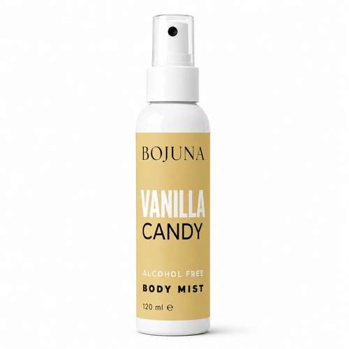 A 120 ml spray bottle of BOJUNA Vanilla Candy Alcohol Free Body Mist, featuring a white bottle and pump with a warm beige label.