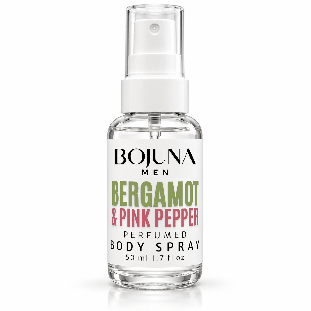 Bojuna Men Bergamot & Pink Pepper perfumed body spray, 50 ml bottle on a white background