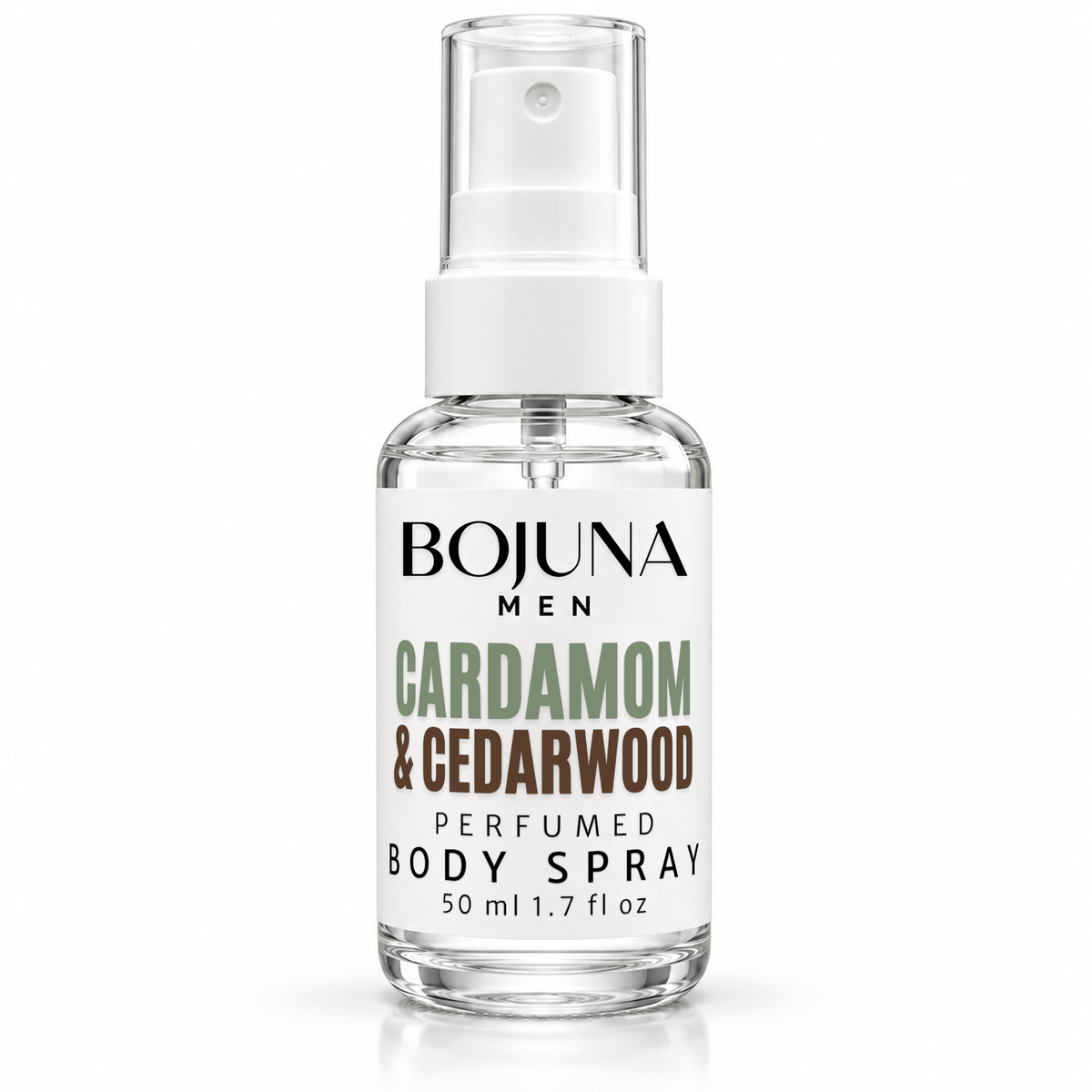 Bojuna Men Cardamom & Cedarwood perfumed body spray, 50 ml bottle on a white background