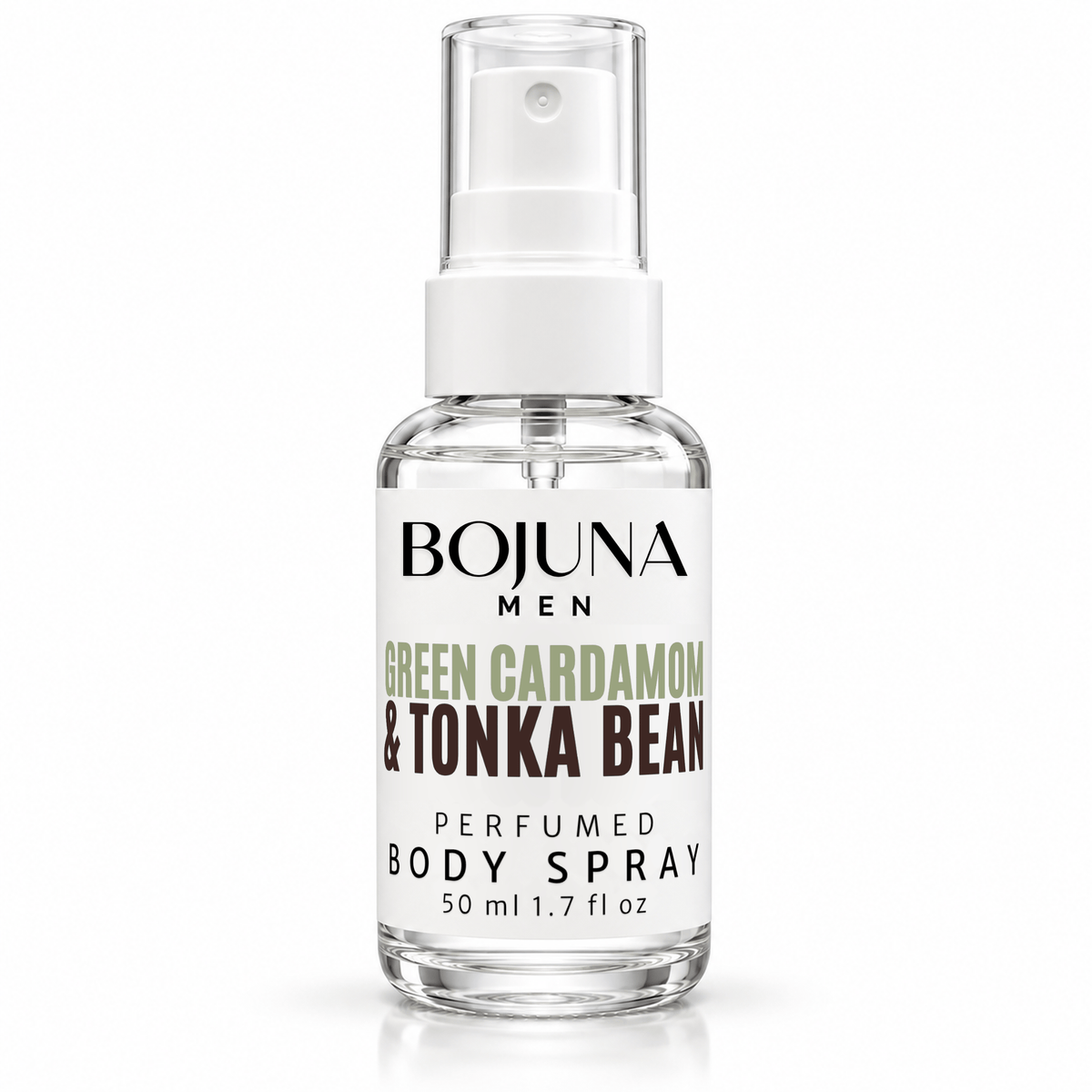 Bojuna Men Green Cardamom & Tonka Bean perfumed body spray, 50 ml bottle on a white background
