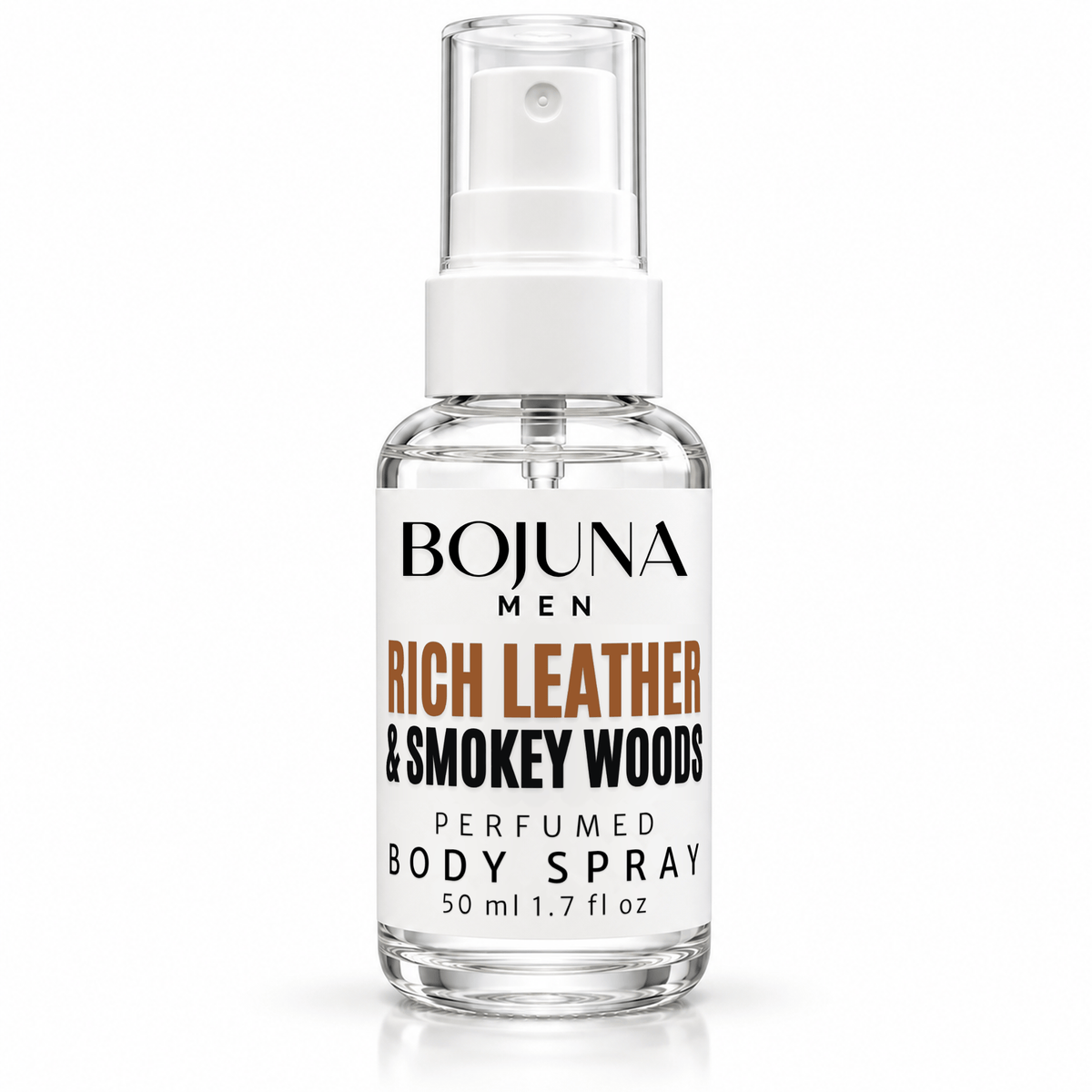 Bojuna Men Rich Leather & Smokey Woods perfumed body spray, 50 ml bottle on a white background
