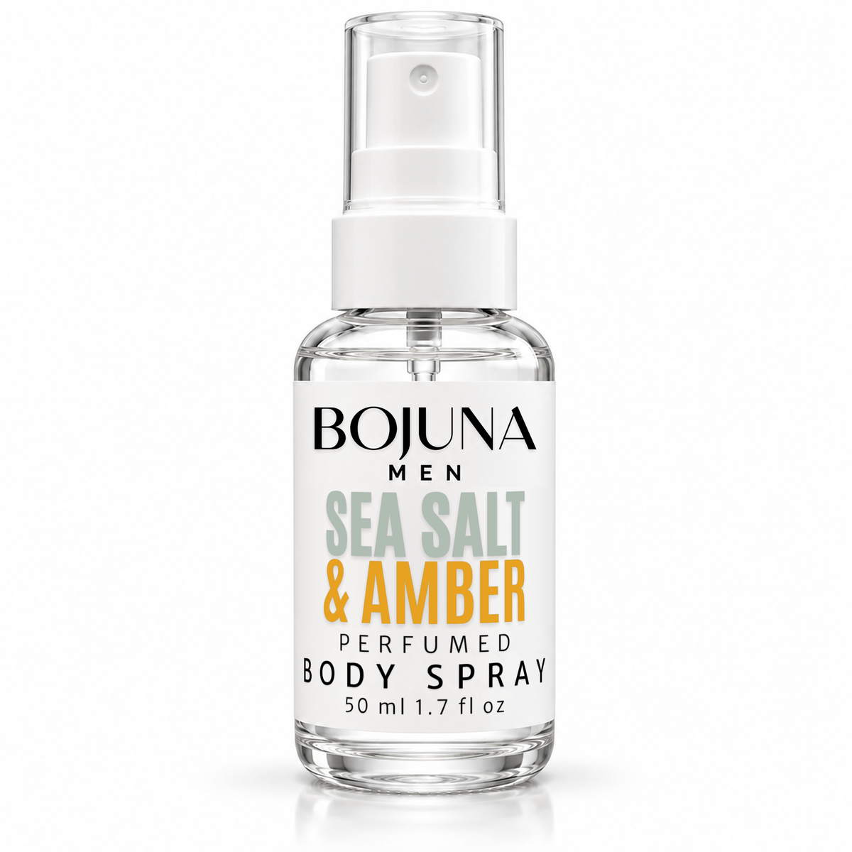 Bojuna Men Sea Salt & Amber perfumed body spray, 50 ml bottle on a white background