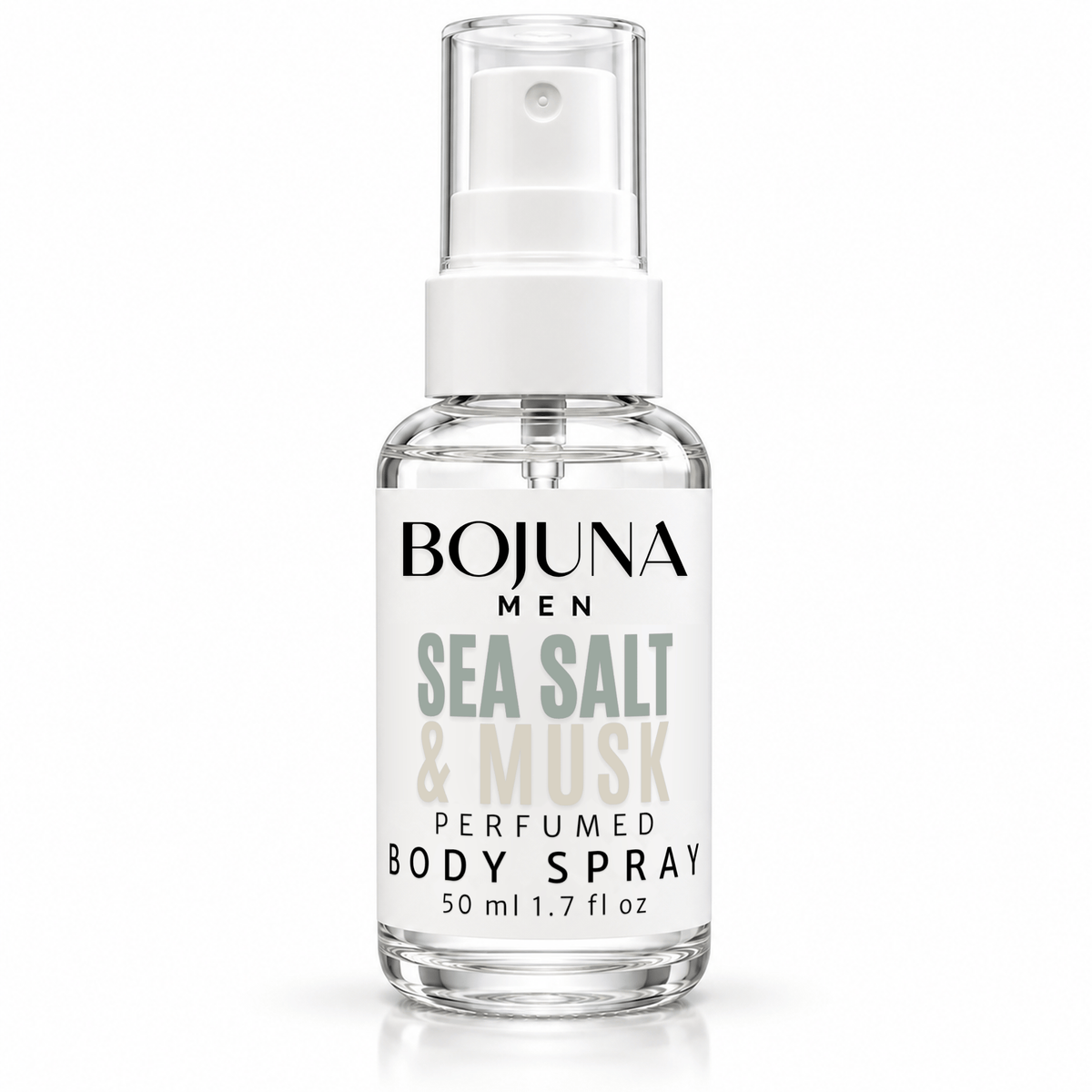 Bojuna Men Sea Salt & Musk perfumed body spray, 50 ml bottle on a white background