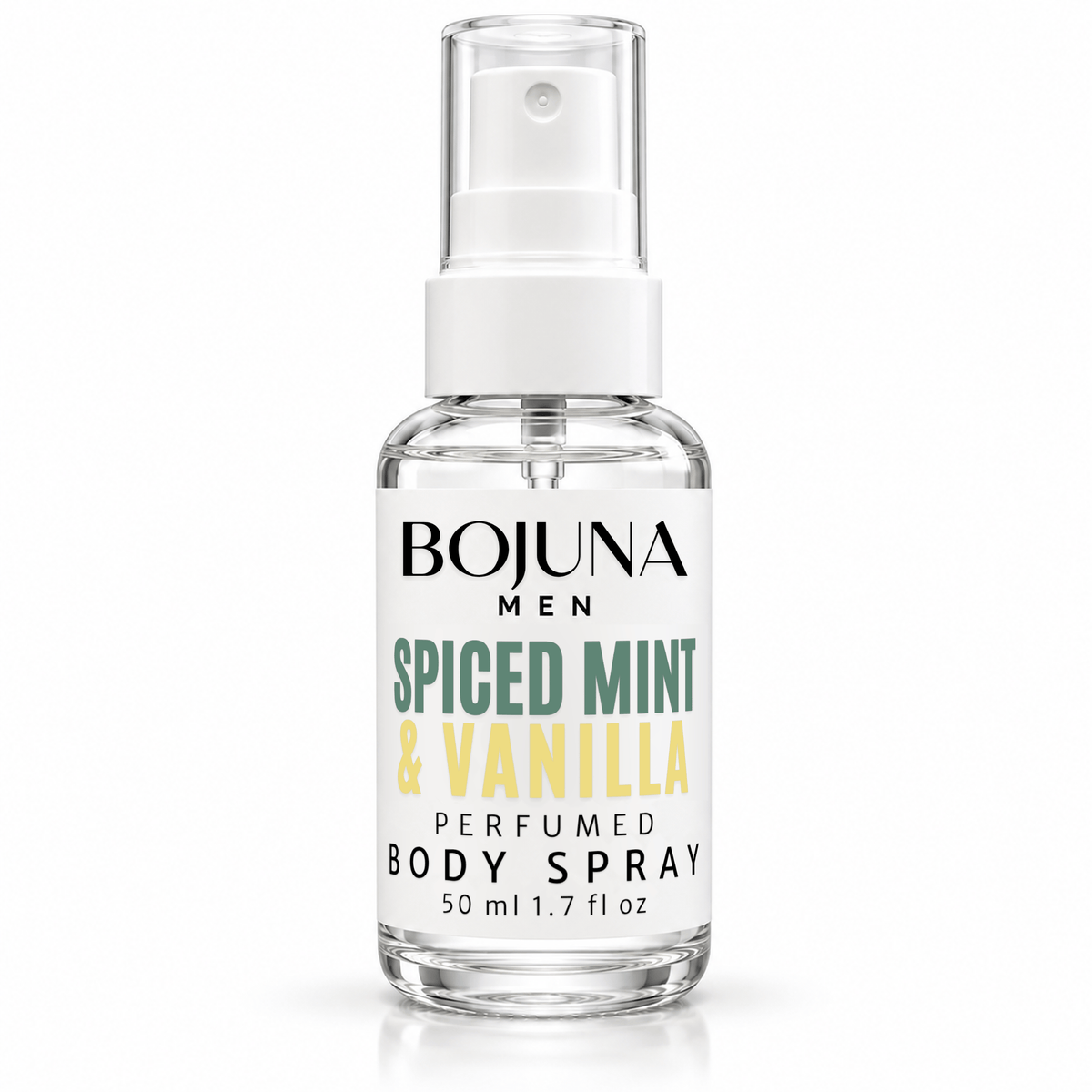 Bojuna Men Spiced Mint & Vanilla perfumed body spray, 50 ml bottle on a white background
