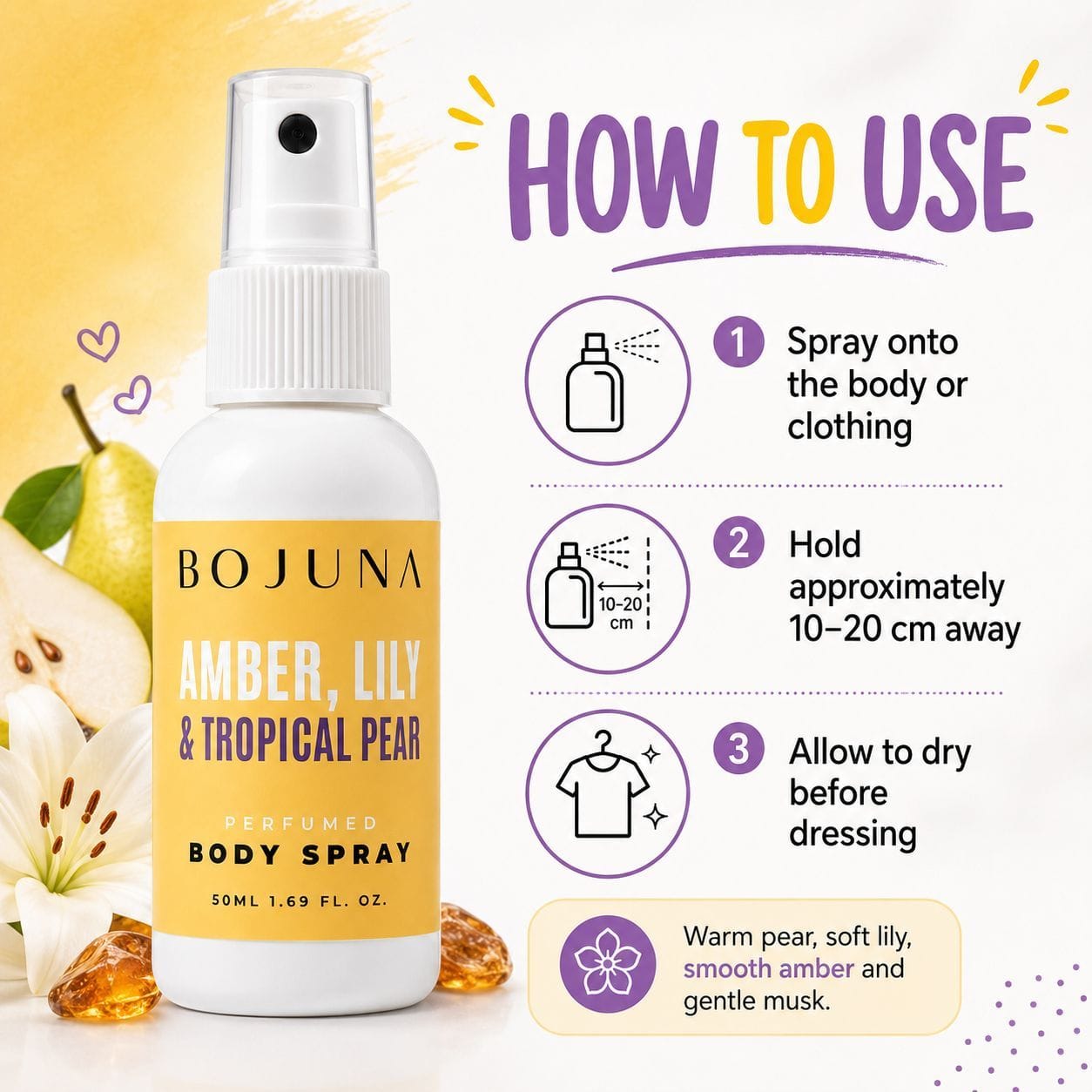 A product infographic for BOJUNA Amber, Lily & Tropical Pear Perfumed Body Spray. The left side shows the white spray bottle with a yellow label, styled with pear slices and white flowers.