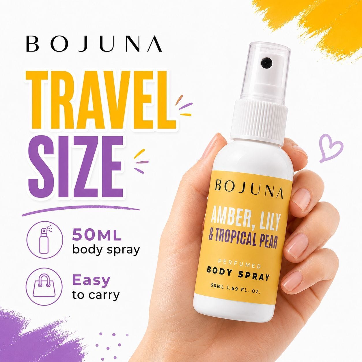 A hand holding a 50ml travel-size spray bottle of BOJUNA Amber, Lily & Tropical Pear body spray against a white background with colorful promotional text and paint strokes.