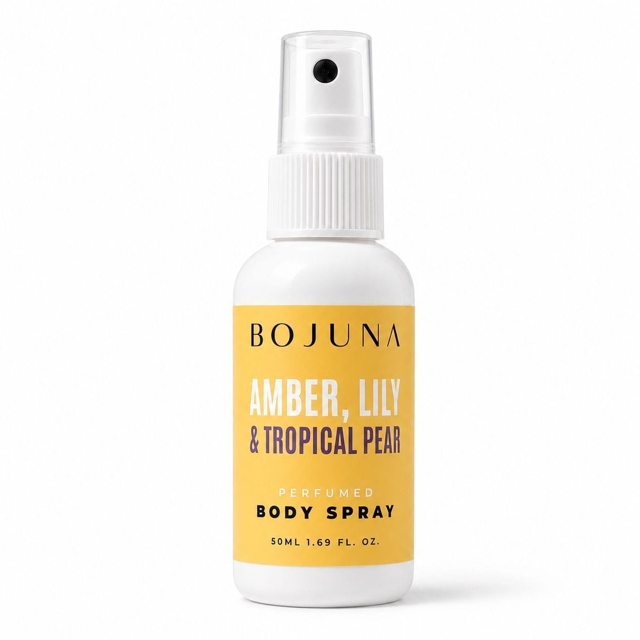 A white plastic spray bottle of BOJUNA Amber, Lily & Tropical Pear perfumed body spray, featuring a bright yellow label with black and purple text, set against a plain white background.