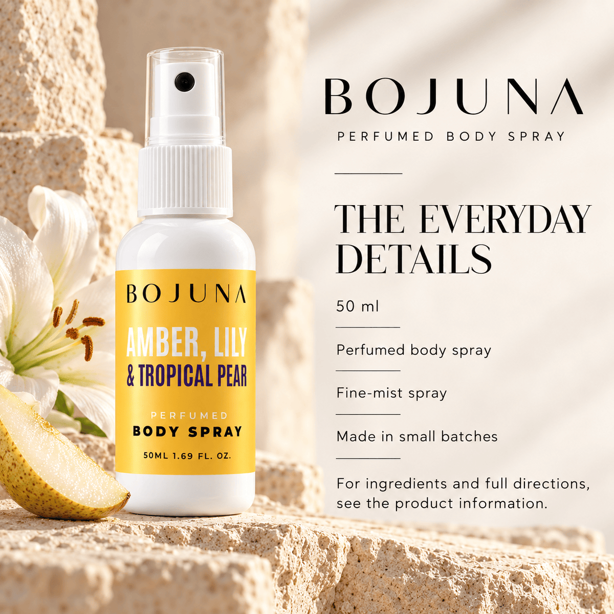 Perfumed Body Spray – Amber, Lily & Tropical Pear 50ml – product details, with soft lighting and premium neutral styling.