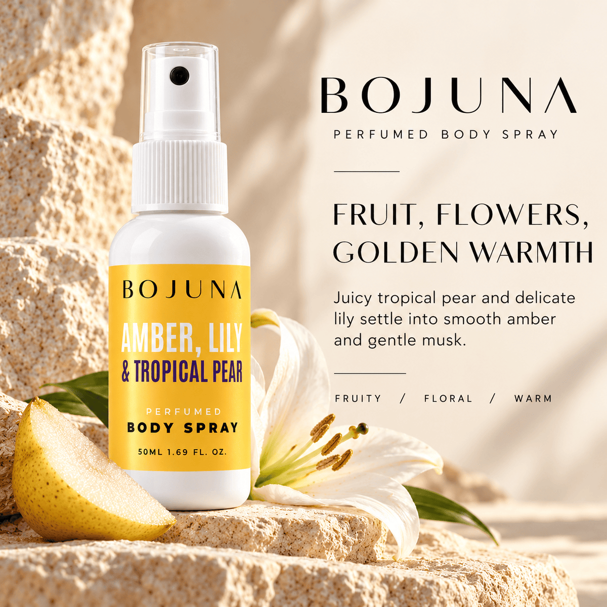 Perfumed Body Spray – Amber, Lily & Tropical Pear 50ml – scent profile, with soft lighting and premium neutral styling.