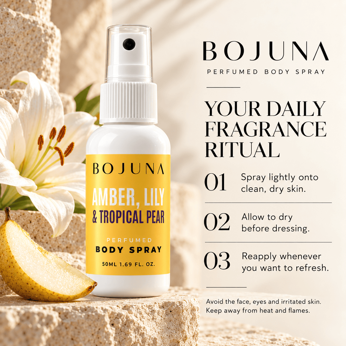 Perfumed Body Spray – Amber, Lily & Tropical Pear 50ml – how to, with soft lighting and premium neutral styling.