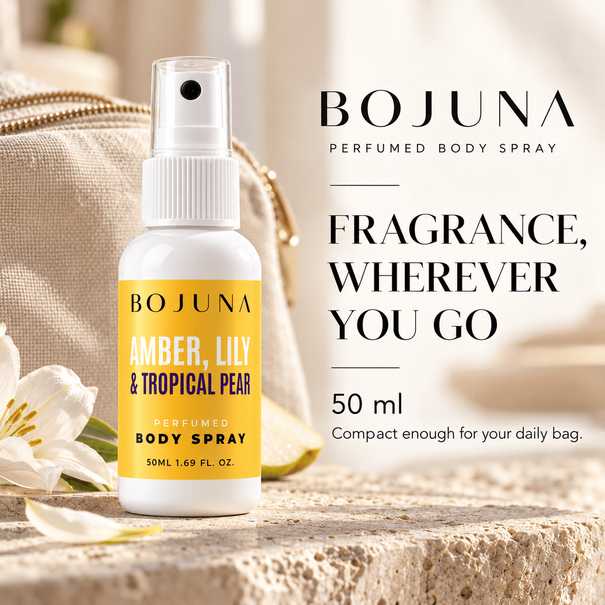 Perfumed Body Spray – Amber, Lily & Tropical Pear 50ml – travel size, with soft lighting and premium neutral styling.