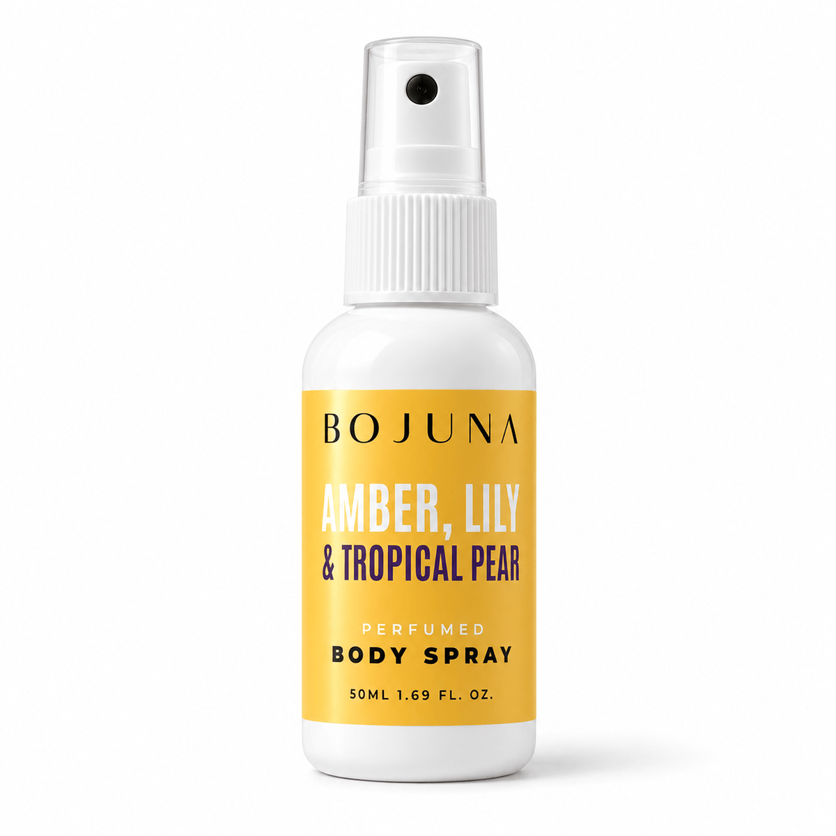 Perfumed Body Spray – Amber, Lily & Tropical Pear 50ml, white spray bottle with softly glossy label on a white background.
